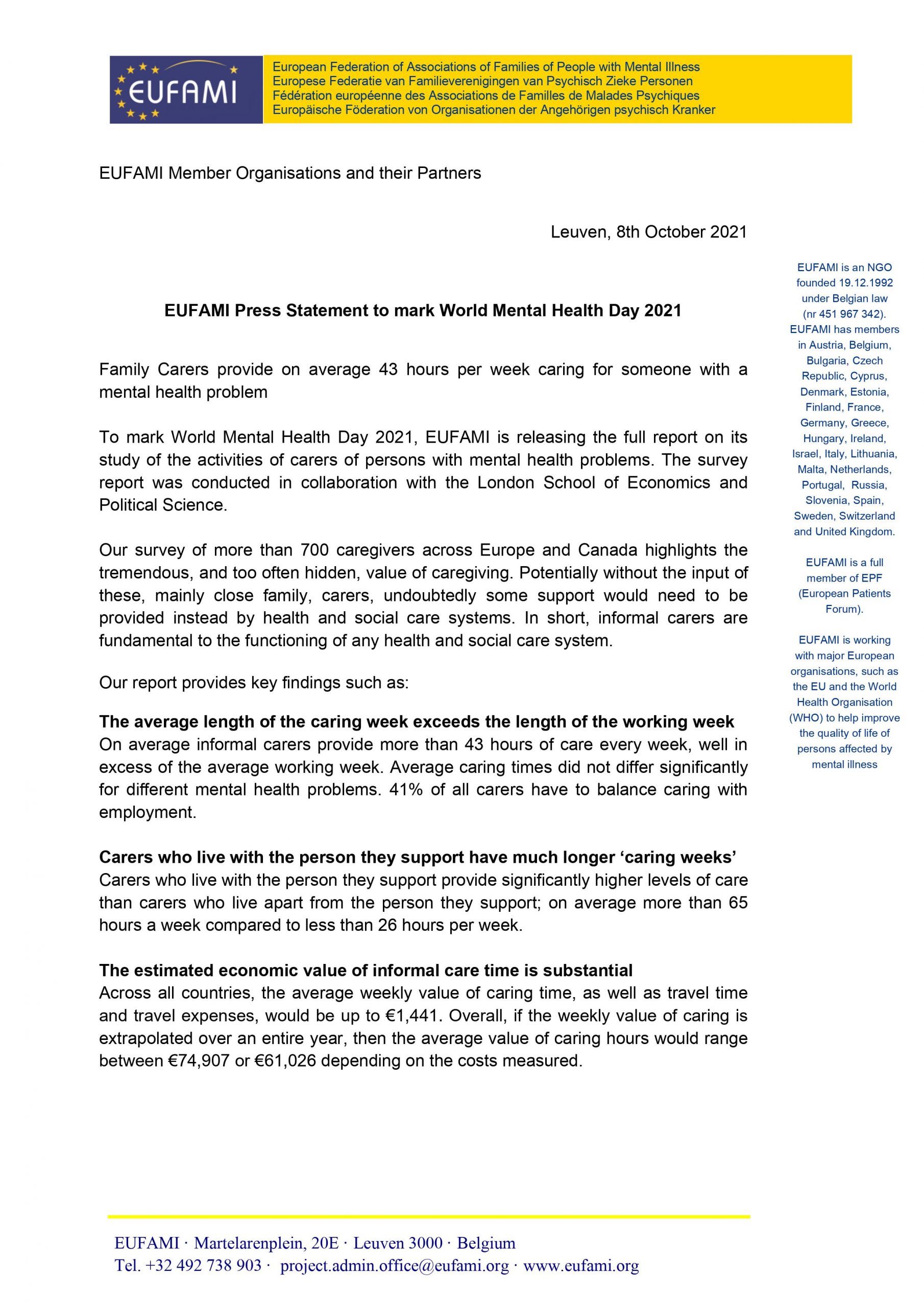 EUFAMI Press Statement to mark World Mental Health Day 2021-2