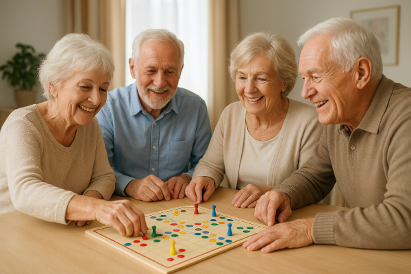 idős emberek társasjátékoznak egy asztal körül